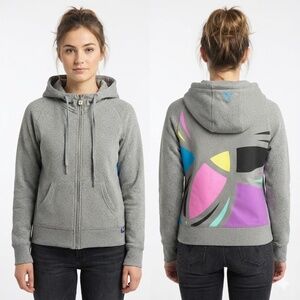TNA Aritzia Grey Speckled Zip Hoodie Abstract Geometric Back Graphic